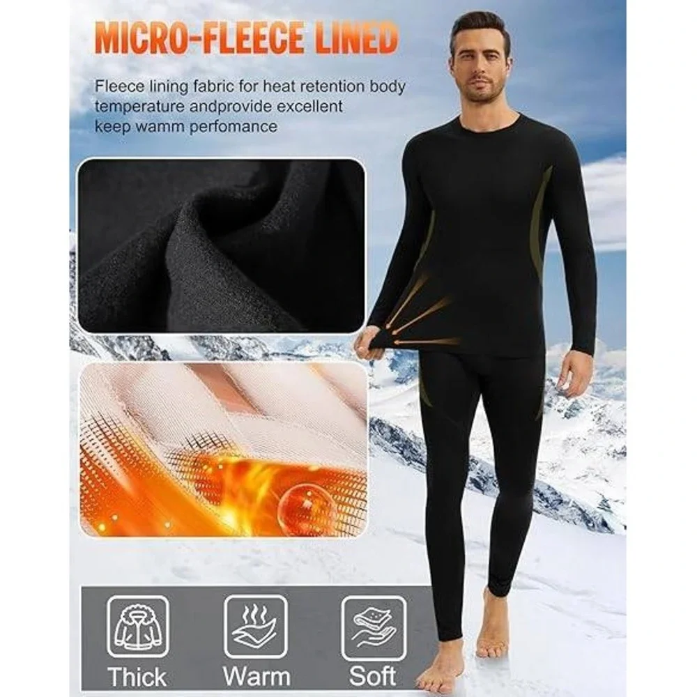 Mens Thermal Base Layer Set Micro Fleece Lined Long Johns Black Olive Size Large
